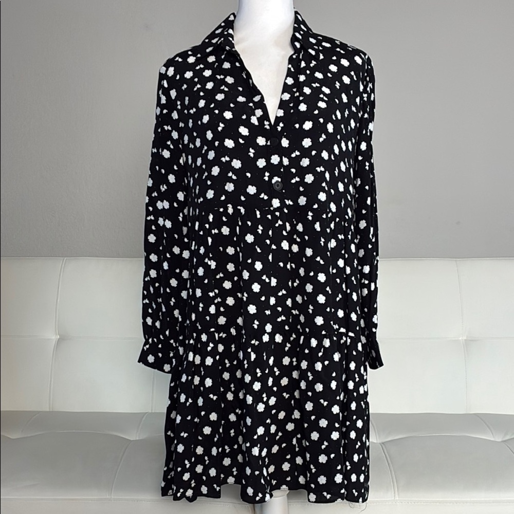 ZARA Black and White Floral Long Sleeve Tunic/Dress - Collar & Buttons